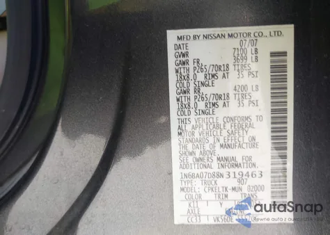 2008 Nissan Titan Se из США, поврежденный, VIN 1N6BA07D88N319463